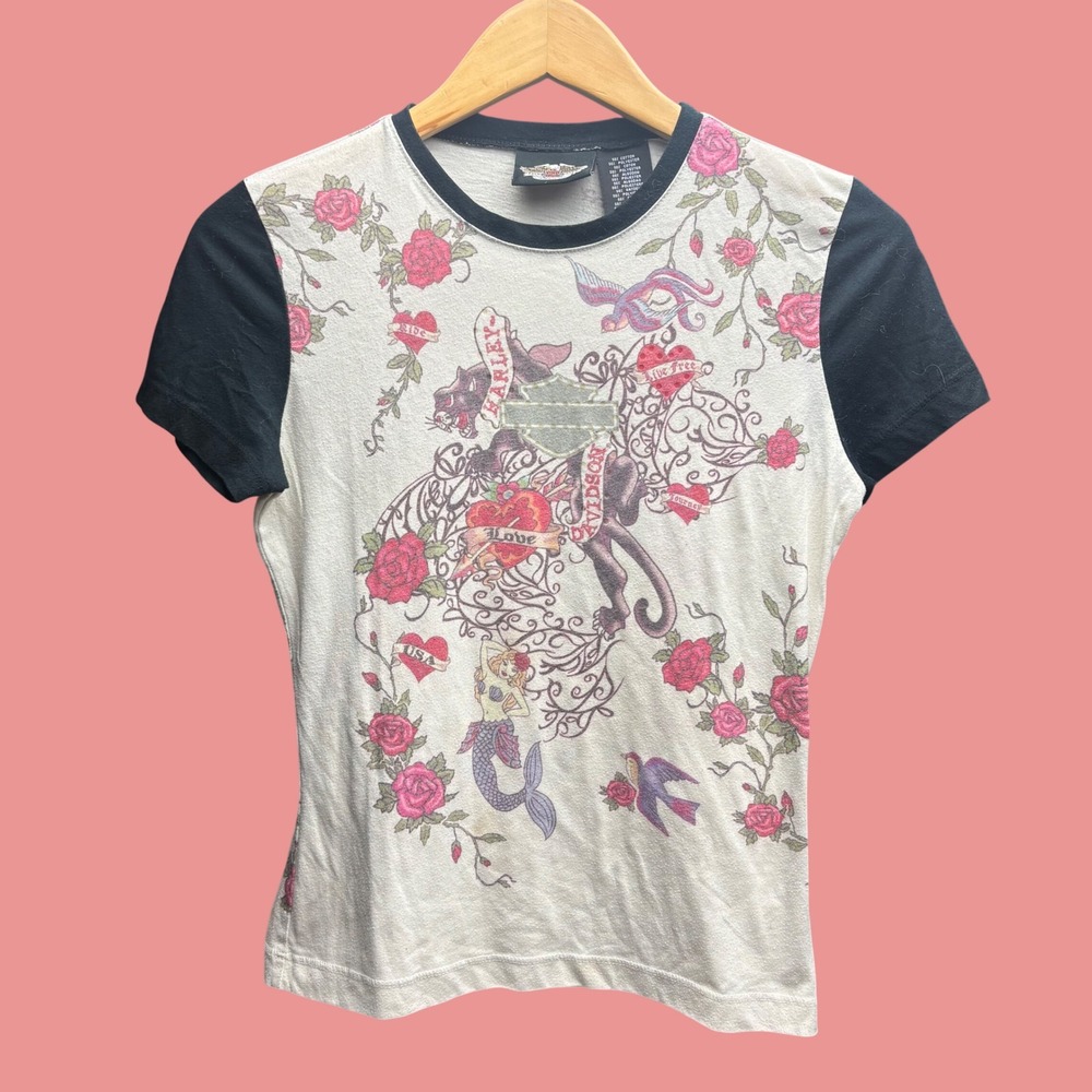 Harley Davidson Womens Tattoo Print T-Shirt Roses Mermaid Panther Cream Black M